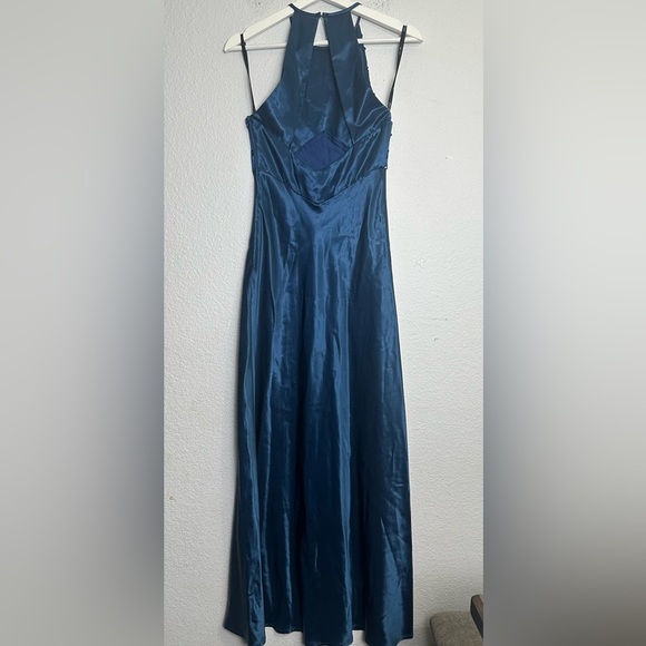 Zum Zum Teal Satin Halter Sequin Maxi Long Dress Womens Size 7/8 Vintage Prom - Picture 2 of 10